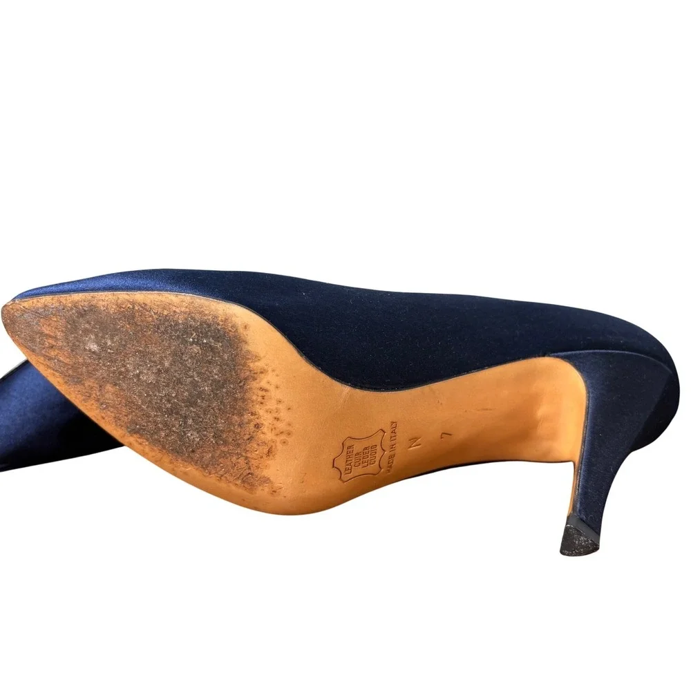 Yves Saint Laurent Vintage Navy Blue Satin Pointed Toe‎ Pumps Stiletto Heels 7N